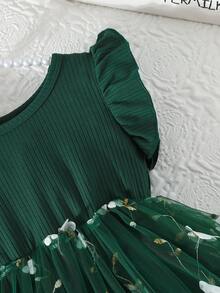 Baby Girl Elegant Floral Embroidery Mesh Flutter Sleeve Princess Dress, Summer - Dark Green - View 6