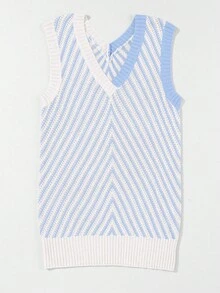 Acelitt 女士无袖V领蓝色条纹羊毛针织休闲背心，时尚百搭，适合夏季度假 - 霧霾藍 - 查看 5