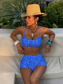 女士比基尼泳装，可爱印花蓝色沙滩套装泳装，运动短裤，露脐吊带背心，无肩带吊带背心，时尚套装/外出装/生日装/休闲装/Y2K/2000年代/千禧年装/优雅装/老钱风/街头风/度假装/音乐节沙滩装 夏季 - 藍色 - 查看 2