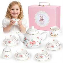 Porcelain Tea Set For Girls, Tea Party Set For Little Girls, Kids Tea Set Kitchen Pretend Play, Princess Tea Time Playset With Ceramic Teapot Cups Carry Case, Toddler Girl Toys Birthday Gifts Age 3+(Porcelain Tea Party Set) - 彩色 - 查看 2