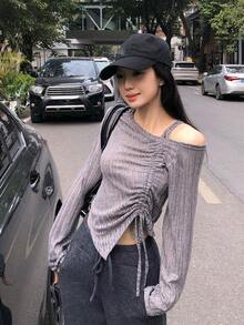 Women's Casual & Commuting Korean Style Asymmetrical Open Shoulder Drawstring Ruched Long Sleeve T-Shirt, Spring/Autumn - Grey - View 1