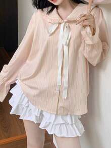 女士彼得潘领条纹衬衫，荷叶边系领甜美可爱宽松轻薄上衣，春夏款 - 粉色 - 查看 3