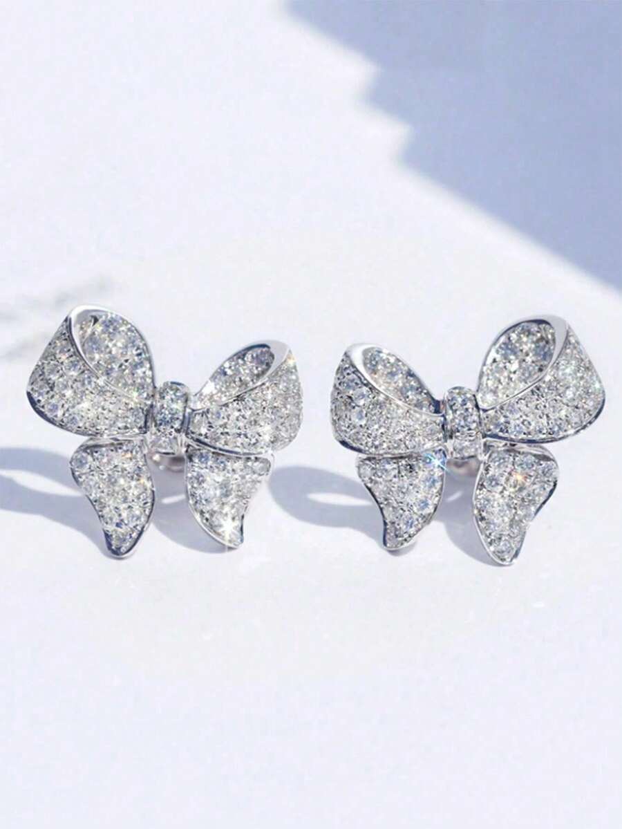 1 Pair Valentine's Day Copper Inlaid Cubic Zirconia Bow Earrings