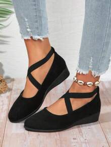 Women's Solid Color Comfy Flat Cross Elastic Band Soft Sole Walking Shoes, Wedge Heel Daily Shoes - màu đen - Xem 7
