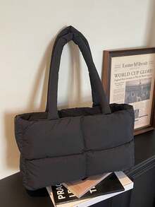 新款女士简约大容量棉质单肩包，单肩手提包 - 黑色 - 查看 3