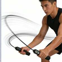 1 pieza Cuerda de saltar digital profesional - Longitud ajustable, cuerda de PVC duradera y sin enredos, seguimiento preciso del recuento de saltos/tiempo/quema de calorías, mangos ergonómicos antideslizantes, ideal para acondicionamiento físico en el hogar, ejercicio aeróbico, entrenamiento de boxeo, quema de grasa, HIIT, equipo de fitness esencial para adultos y adolescentes - Negro - Ver 3