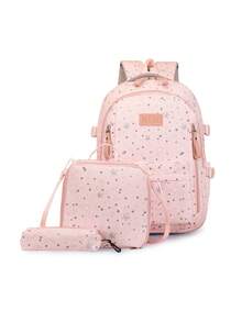 Women's Half-Shell Gauze Backpack Kit, Lightweight And High-Value, Simple, For Campus, Large Capacity, School Backpack, With Thermal Lunchbox. - Pink - View 5