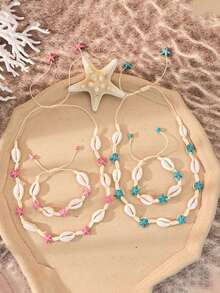 1 Set Of 2pcs Ocean Themed Cartoon Shell Necklace + Adjustable Starfish Necklace Bracelet Jewelry, Unique Design - Set - View 1