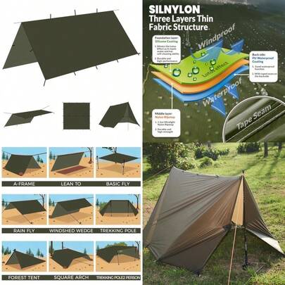 10*10 Ft Camping Tarp Multifunctional Awning Ultralight Waterproof Survival Tent Tarp Lightweight Hammock Rainfly For Camping Hiking Backpacking Buschcraft OD Green