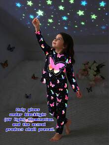 2pcs Young Girl Butterfly Print Luminous Sleepwear Set, Long Sleeve Shirt And Pants, For Spring & Autumn (Glows Under UV Light) - Black - View 12