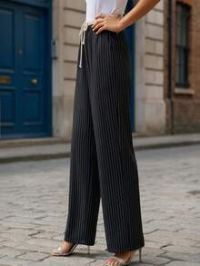 1pc Women's Striped Drawstring Wide Leg Pants, Suitable For Business, Casual, Travel, Fashion Outfit, Striped Knotted Pocket Drawstring Wide Leg Pants, Daily, Airport, Travel, School, Office, All Season - Grey - View 3