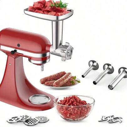 Metal Meat Grinder Attachment For KitchenAid Stand Mixer, Including A Square Pallet 4 Meat Mincing Discs, 3 Sausage Filling Tubes, 2 Meat Mincing Blades, Food Mincing Machine Accessories, Essential Kitchen Tools(There Is No Red Meat Grinder, Only A Tool Kit)