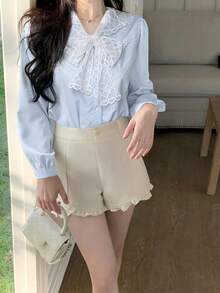 法式蕾丝边饰藏蓝色翻领女式衬衫，春夏款，宽松版型，显瘦，长袖休闲上衣 - 藍色 - 查看 4