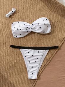 扭纹前部波尔卡圆点优雅露背度假沙滩裙 - 黑與白 - 查看 3