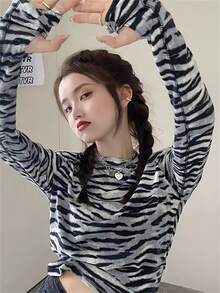 时尚斑马纹长袖T恤，性感修身女士打底衫，春季款 - 黑色 - 查看 3