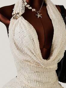 2026 New Knitted Hollow Out Sexy Low-Cut Plunging Neck Backless Sleeveless Mini Bodycon Dress, Party Celebration, Spring/Summer, Date Outfit Elegant - Champagne - View 2