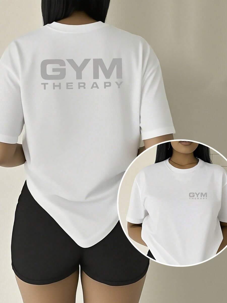 [Sporty T-Shirt]2026Plus-Size Women'S T-Shirt GYM THERAPY, Featuring A Fitness Therapy Double-Sided Print, Elegant And Stylish For Summer, Comfortable Round-Neck Short-Sleeve Top That Is  And Versatile |   Relaxed Fit |   Plus Size - 黑色 - 查看 1
