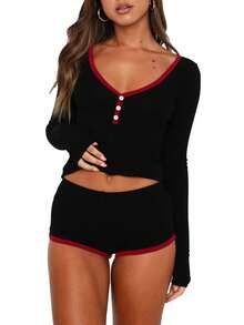 Women's Shorts Pajama Sets Contrast Color V Neck Long Sleeve Slim Fit Tops With Shorts 2Pcs Soft Sleepwear - 黑色 - 查看 2