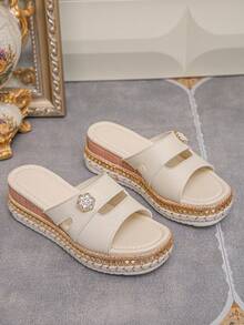 女士加大码 36-43 夏季绳底厚底拖鞋，日常穿着，增高，白色、黑色、米色，女士坡跟厚底凉鞋 - 特級米色PU - 查看 6