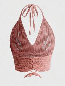 夏季度假沙滩女式露背刺绣可爱Y2K系带细节简约休闲针织毛衣，大码及娇小码粉色 - 粉色 - 查看 5