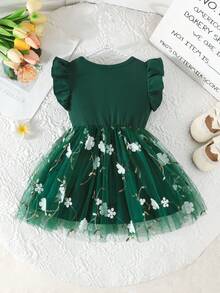 Baby Girl Elegant Floral Embroidery Mesh Flutter Sleeve Princess Dress, Summer - Dark Green - View 4