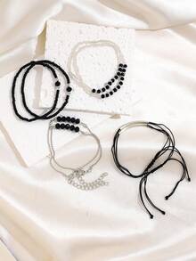 4 pièces/set Ensemble de bracelets noirs à la mode avec cristaux, fait main avec perles. Cadeau de bijoux convenant aux femmes pour porter en vacances et aux fêtes - Multicolore - Voir 3