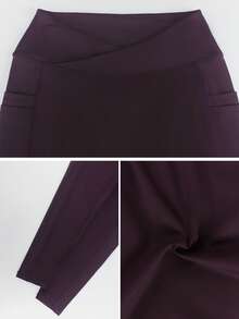 女士交叉腰带口袋瑜伽裤，收腹运动跑步瑜伽紧身裤 - 紫色 - 查看 4