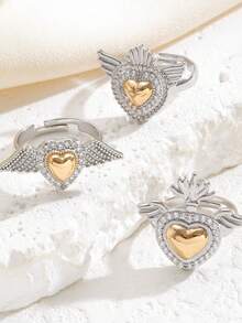 3pcs ,Fashion Creative Unique Copper Rhinestone-Embedded Wing Heart Crown ,Rings For Women, Adjustable Open Ring Set, Ideal For Daily Casual Valentine's Day, Vacation, Festival Wear, Gifts For Women, Jewelry Women, Best Friend Gifts Women - Gold and Silver - View 3
