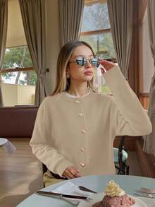 女士秋冬新款法式浪漫休闲百搭简约别致心形图案针织开衫 - 杏色 - 查看 2