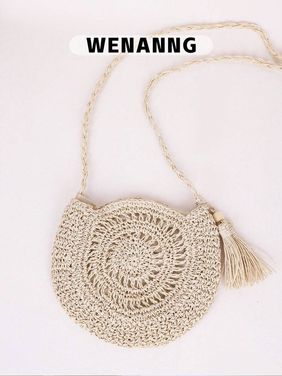 Tassel Decor Straw Bag, Eye-Catching Beach Bag Summer - Beige - View 1