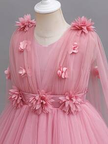 Young Girl Elegant Floral Flower Girl Wedding Dress Princess Tulle Maxi Dress, Suitable For Formal Occasions, Parties, Birthday - Bụi hồng - Xem 7
