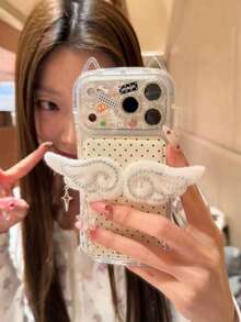 高端水钻白色翅膀星形设计手机壳，全包覆式保护套，兼容 14 Pro Max、16，适合女性，防摔，兼容 15、16 Pro Max。 - 粉色 - 查看 6