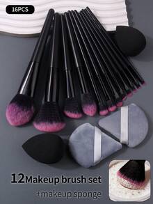 16pcs/Set Soft Seamless Makeup Brushes & Sponges Set, Makeup Tools For Powder, Blush, Eye Shadow, Contour, Concealer - Black - View 3