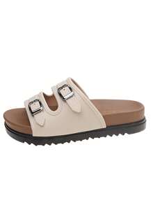 2026夏季新款时尚百搭双扣休闲平底露趾拖鞋 - 白色 - 查看 6