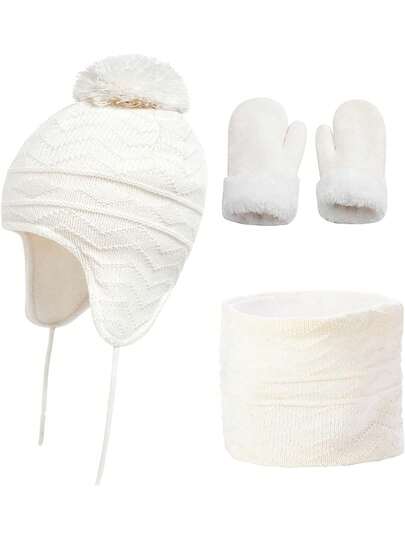 Gorro de Invierno para Niño con Pompón, Set 3 en 1 de Gorro Bufanda y Guantes, Conjunto de Invierno de Punto Acolchado y Suave para Niños y Niñas,40857864