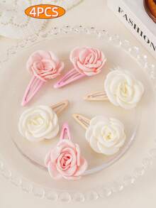 4件套女孩彩色布艺花朵发夹，可爱甜美风格，适合日常休闲佩戴 - 彩色 - 查看 7