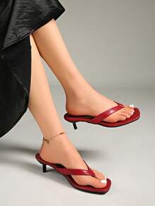 Versatile New Simple Summer Thong Sandals For Women, Kitten Heel Mid Heel Toe Post Glitter Flip Flops, Thin Heel - Burgundy - View 6