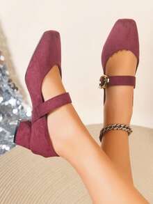 Spring New Mary Jane Shoes Women Thick Heel Pumps Retro Metal Buckle Casual Commute Date Elegant Low Vamp Shoes - Burgundy - View 5