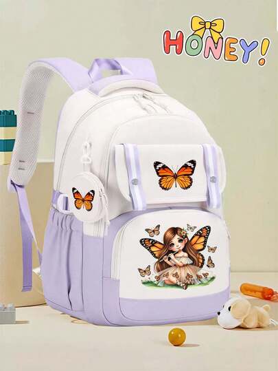 Mochila, bolso de hombro, mochila escolar para escuela secundaria y preparatoria, bolso de hombro para viajes, estudios y excursiones de primavera para niñas, con diseño de mariposa y niña animada, de colores llamativos, de gran capacidad y varios compartimentos, útiles escolares esenciales, regalos del Día de San Valentín