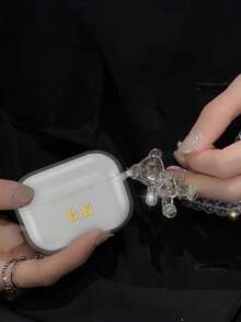 Customized (2 Pieces Set, Including Teddy Bear Crystal Pendant) Minimalist Transparent Earphone Case Compatible With AirPods 1/2 3 New 4 Pro 3, Customized Letter Name, Back To School, Valentine's Day Gift, Good Birthday Gift, Holiday Gift, Gift For Him/Her, Personalized Gift - Clear - View 4