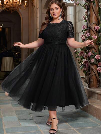 Vestido de cóctel elegante de talla grande para mujer con parches de encaje bordado transparente y de malla. Adecuado para citas, fiestas lindas, eventos formales, bodas, primavera/verano/otoño