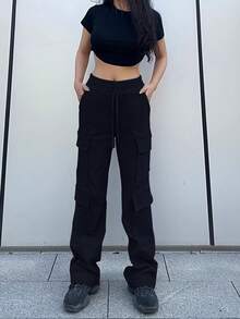 1pc Women's Loose Cargo Pants, Casual Multi-Pocket Drawstring Waist Maxi Trousers, Y2K Style - Black - View 2