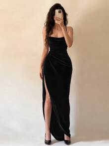 Vestido de cóctel de noche sexy con espalda descubierta y abertura lateral de unicolor para mujer - Negro - Ver 5