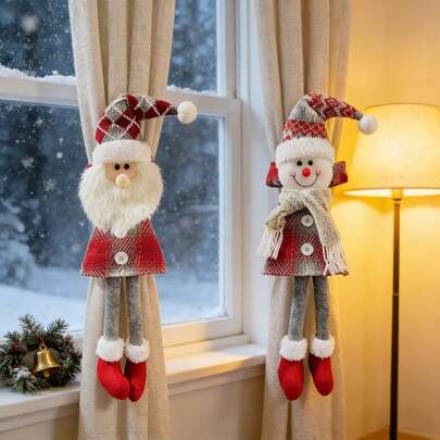 2pcs Christmas Curtain Clips Decor, Santa Claus & Snowman Vintage Plaid Curtain Clips, Christmas Holiday Decoration For Window, Bedroom, Living Room, Home, Office, Party, Christmas