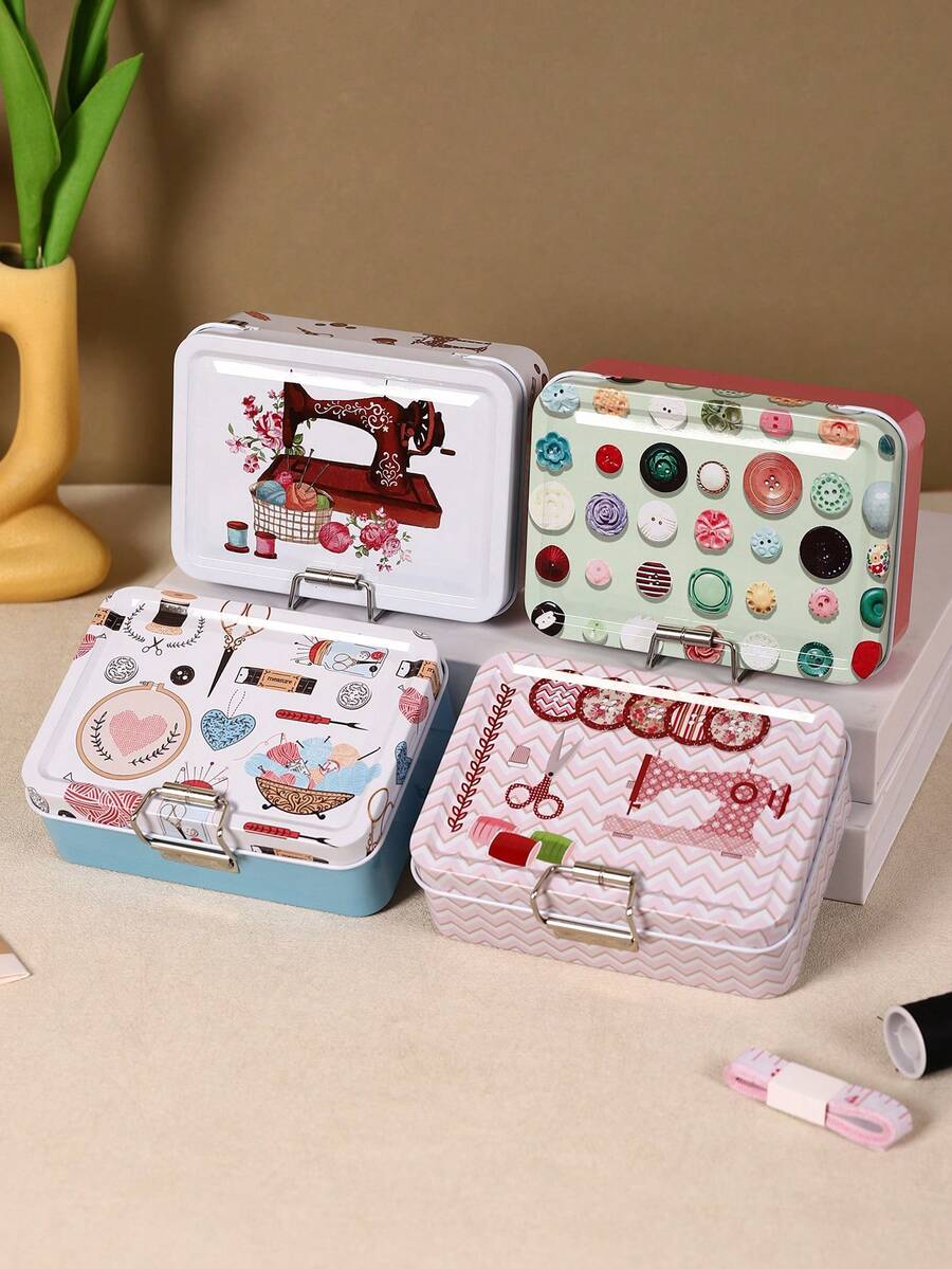 Vintage Floral Tin Storage Box For Sewing Tools - Layered Organizer With Lid, Metal Craft Case