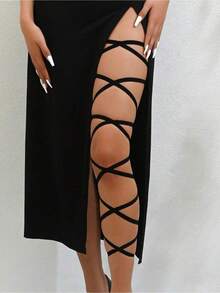 1pcs Sexy Crisscross Elastic Strap Multilayer Leg Garter Halloween Lace Thigh Garter Set With Elegant Bow Decor Stretchy Leg Band Suitable For Party Props And Bridal Leg Jewelry - 黑色的 - 查看 1