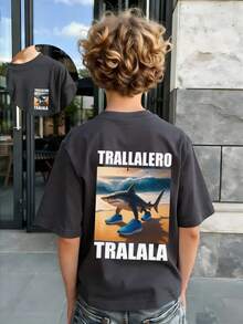 Tween Boy "Italian Brainrot-Tralalero Tralala" Graphic Round Neck Short Sleeve T-Shirt, Fashion Boys Summer Top - Dark Grey - View 3