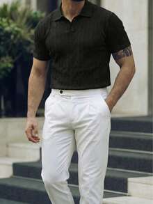 Herr kortärmad pikétröja med geometrisk textur och avslappnad passform, svart - Svart - Visa 4