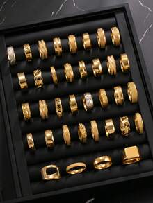 3/6/9/12/20pcs Fashionable Stainless Steel Men's Ring Set, Includes Cross, Matte, Roman Numeral, Snake Skin Elements, Suitable For Men's Daily Wear, Festivals, Dates, Engagements, Weddings, Gifts - Gold - View 5