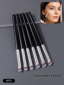 6支粉色底妆遮瑕刷套装 - 黑眼圈遮瑕刷、泪沟遮瑕刷、鼻部轮廓刷、柔软毛精准晕染刷、多功能化妆刷 - 黑色 - 查看 2